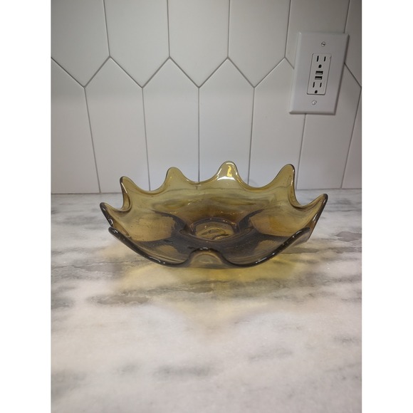 Mid Century Modern Amber Glass Bowl, Abstract Centerpiece Bowl, Hand Blown 11.5" - Picture 1 of 9